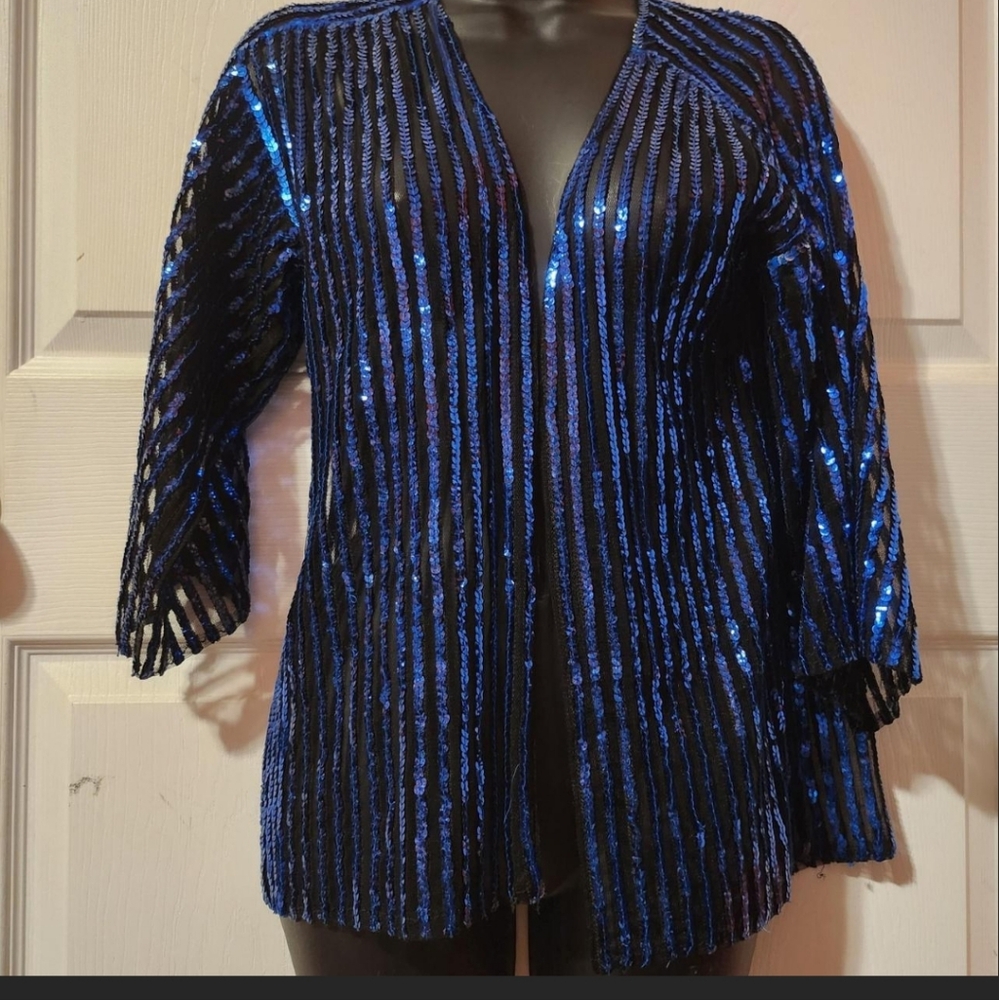 Beautiful rich blue sequin open front top